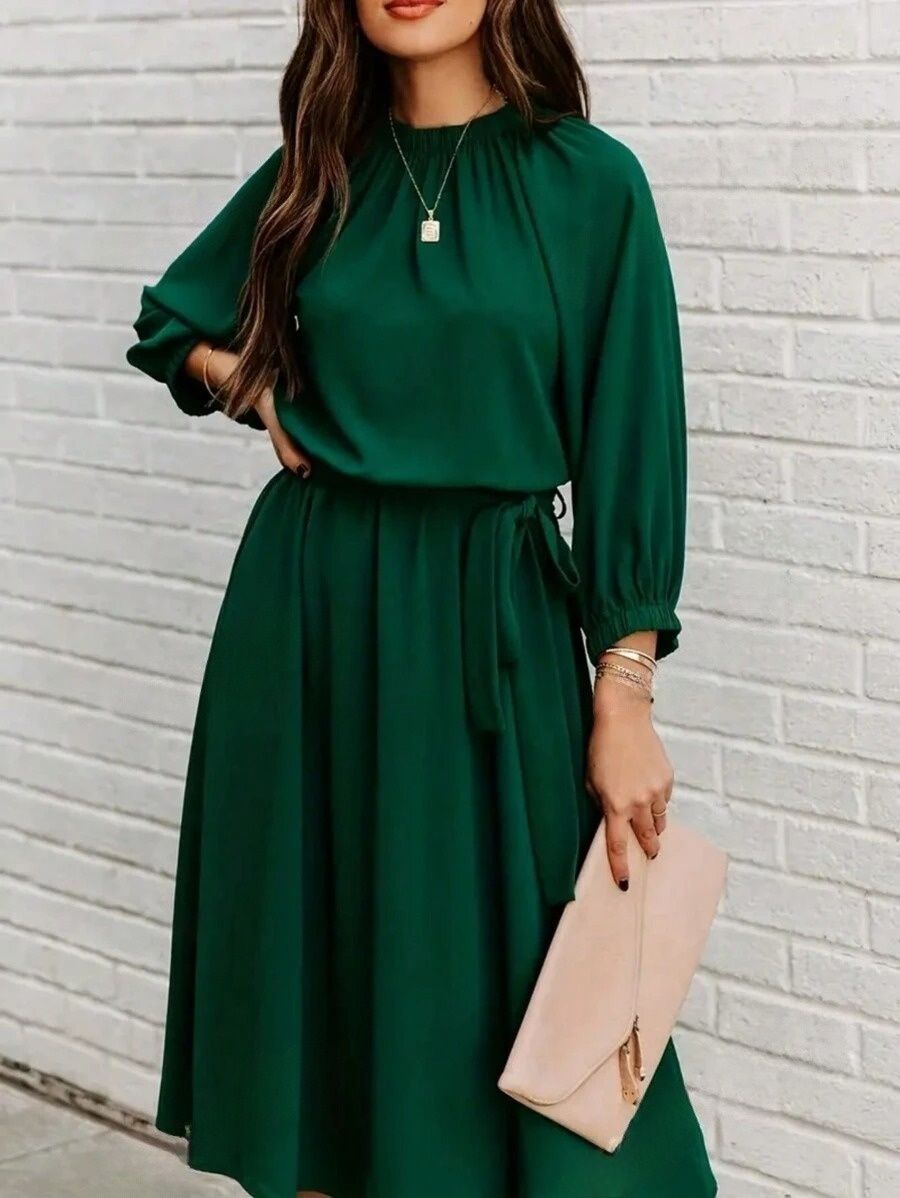 169kjh Rochie Midi Beatrise Verde Cu Cordon - imagine 1