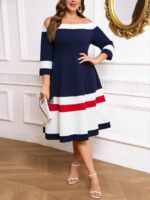 Rochie Midi Aryan Bleumarin cu Dungi Albe - Marimi Mari - imagine 3
