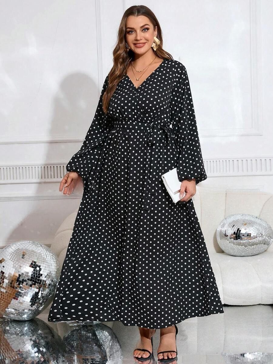 19 Rochie Lunga Calysta Neagra cu Buline Albe - Marimi Mari - imagine 1