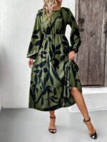 Rochie Midi Amora Kaki cu Print Negru