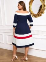 Rochie Midi Aryan Bleumarin cu Dungi Albe - Marimi Mari - imagine 2