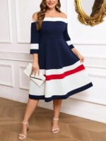 Rochie Midi Aryan Bleumarin cu Dungi Albe - Marimi Mari