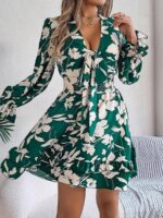 Rochie Scurta Afreen Verde cu Print Floral Bej - imagine 3