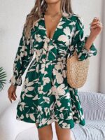 Rochie Scurta Afreen Verde cu Print Floral Bej