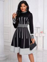 Rochie Scurta Yanira Neagra Cu Print Geometric Alb