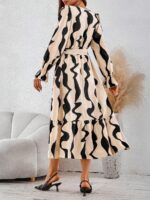 Rochie Midi Rudine Bej cu Print Negru - imagine 2