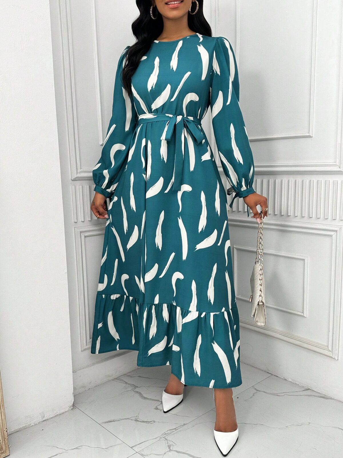Rochie Lunga Dalmar Albastru Verzui Cu Print Alb - imagine 1