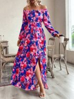 Rochie Lunga Soraia Albastra Cu Model Floral Roz - imagine 3