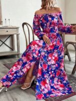 Rochie Lunga Soraia Albastra Cu Model Floral Roz