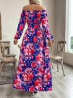 Rochie Lunga Soraia Albastra Cu Model Floral Roz - imagine 2