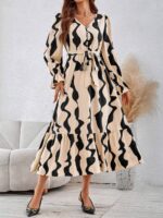 Rochie Midi Rudine Bej cu Print Negru
