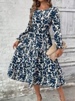 Rochie Midi Karine Alba Cu Model Cu Frunze Albastre - imagine 3