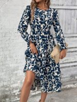 Rochie Midi Karine Alba Cu Model Cu Frunze Albastre - imagine 4