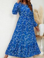 Rochie Lunga Pelina Albastra Cu Model Floral Alb