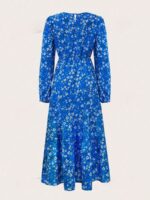 Rochie Lunga Pelina Albastra Cu Model Floral Alb - imagine 3