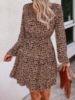 Rochie Scurta Fyona Bej cu Print Leopard Maro - imagine 3