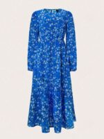 Rochie Lunga Pelina Albastra Cu Model Floral Alb - imagine 2