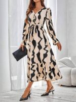 Rochie Midi Rudine Bej cu Print Negru - imagine 3