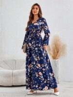 Rochie Lunga Lindita Albastra Cu Model Floral Multicolor - imagine 4