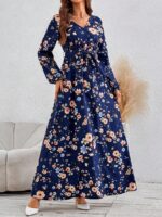 Rochie Lunga Lindita Albastra Cu Model Floral Multicolor