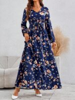 Rochie Lunga Lindita Albastra Cu Model Floral Multicolor - imagine 3