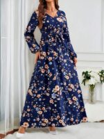 Rochie Lunga Lindita Albastra Cu Model Floral Multicolor - imagine 5