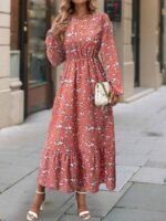 Rochie Lunga Kenda Portocalie Cu Model Floral Alb - imagine 3