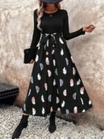 Rochie Lunga Tiare Neagra Cu Model Cu Pene Multicolore