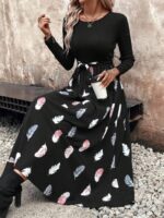 Rochie Lunga Tiare Neagra Cu Model Cu Pene Multicolore - imagine 3