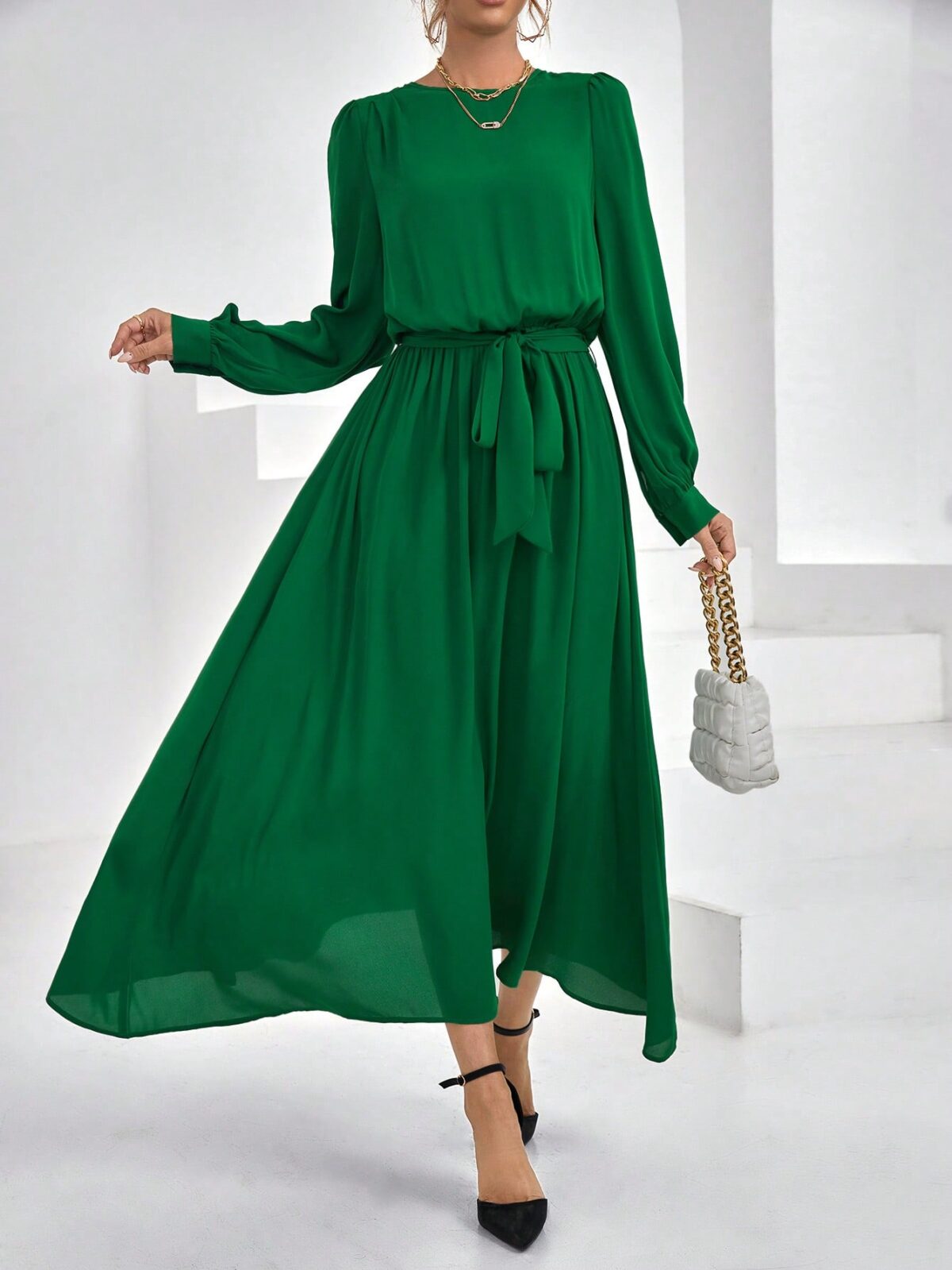 Rochie Lunga Aferdita Verde Cu Cordon - imagine 1