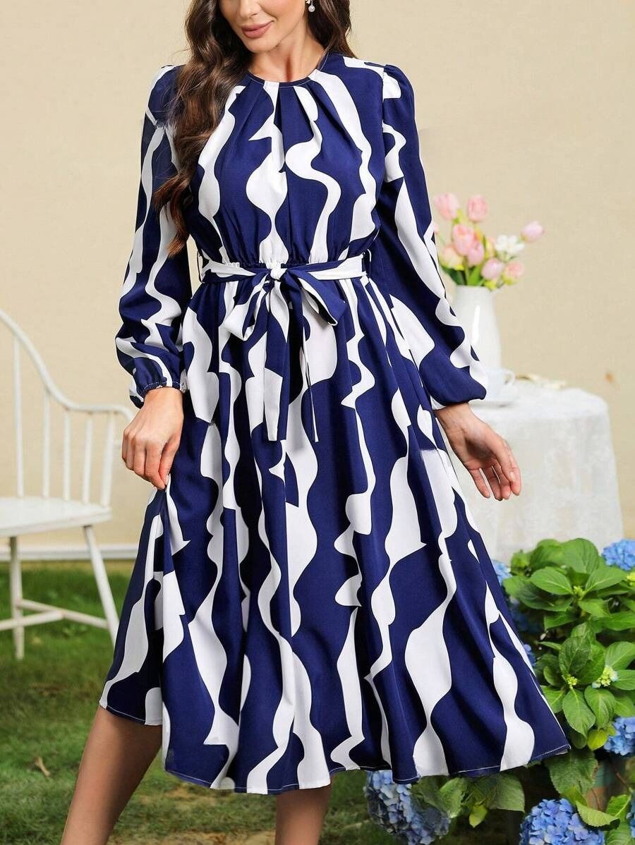 82kj Rochie Midi Maia Albastra Cu Print Alb - imagine 1
