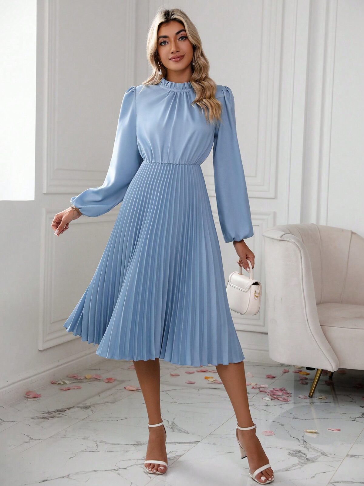 Rochie Midi Hilda Bleu Cu Pliuri - imagine 3