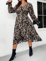 Rochie Midi Carleen Neagra cu Print Crem - Marimi Mari