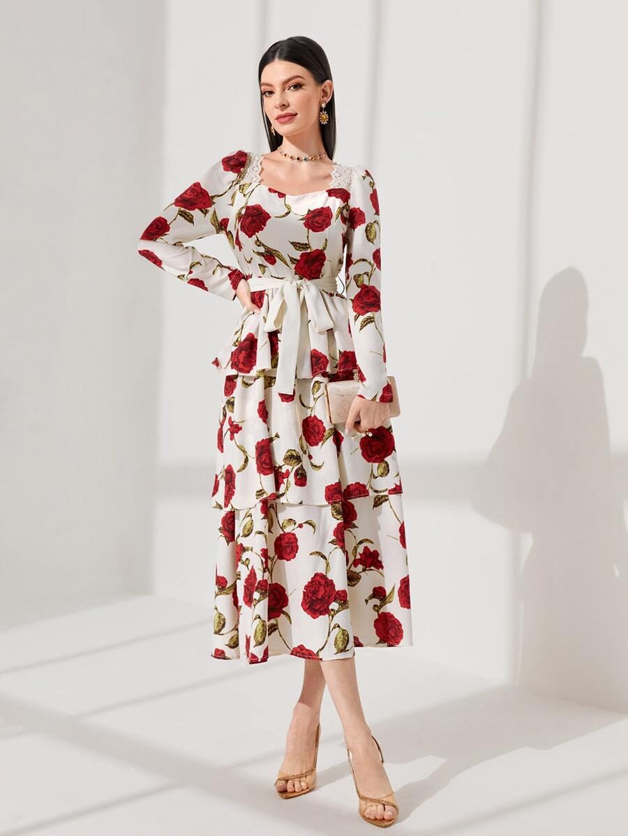 Carmela2 Rochie Midi Carmela Alba cu Print Floral Rosu - imagine 1