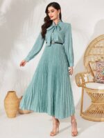 Rochie Lunga Kaida Vernil cu Buline Albe si Curea - imagine 3