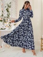 Rochie Midi Olesia Bleumarin cu Print Floral Alb - imagine 3