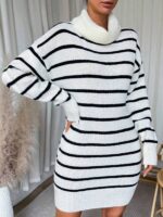 Rochie Scurta Tricotata Telse Alba cu Dungi Negre