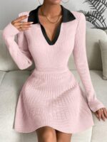 Rochie Tricotata Scurta Kunal Roz cu Guler Negru - Marimi Mari - imagine 3