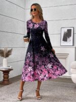 Rochie Midi Ava Neagra cu Print Floral Mov