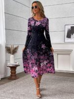 Rochie Midi Ava Neagra cu Print Floral Mov - imagine 3