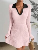 Rochie Tricotata Scurta Kunal Roz cu Guler Negru - Marimi Mari
