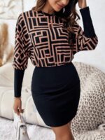 Rochie Scurta Nuran Neagra cu Print Geometric Maro