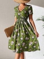 Rochie Midi Gina Kaki cu Print Floral Alb
