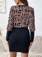Rochie Scurta Nuran Neagra cu Print Geometric Maro - imagine 2