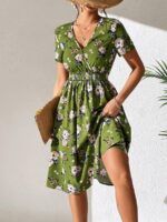Rochie Midi Gina Kaki cu Print Floral Alb - imagine 3