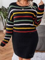 Rochie Tricotata Scurta Doyniss Neagra cu Dungi Multicolore - Marimi Mari - imagine 3