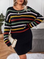 Rochie Tricotata Scurta Doyniss Neagra cu Dungi Multicolore - Marimi Mari