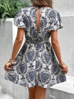 Rochie Scurta Lane Bej cu Print Albastru - imagine 2