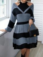 Rochie Tricotata Scurta Lilith Gri cu Dungi Negre - Marimi Mari