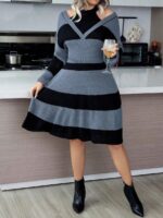 Rochie Tricotata Scurta Lilith Gri cu Dungi Negre - Marimi Mari - imagine 3
